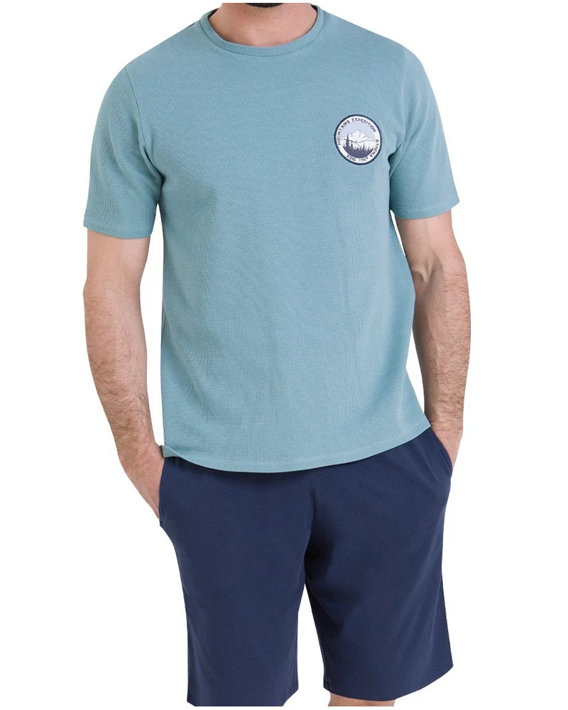 Pyjama Court 100% Coton Athena Waffle (Bleu Arctic/Marine) 1 Pyjama Court 100% Coton Athena Waffle (Bleu Arctic/Marine)