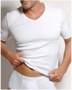 T-shirt Col V 100% Coton Côte Fine Edouard Mariner (Blanc)