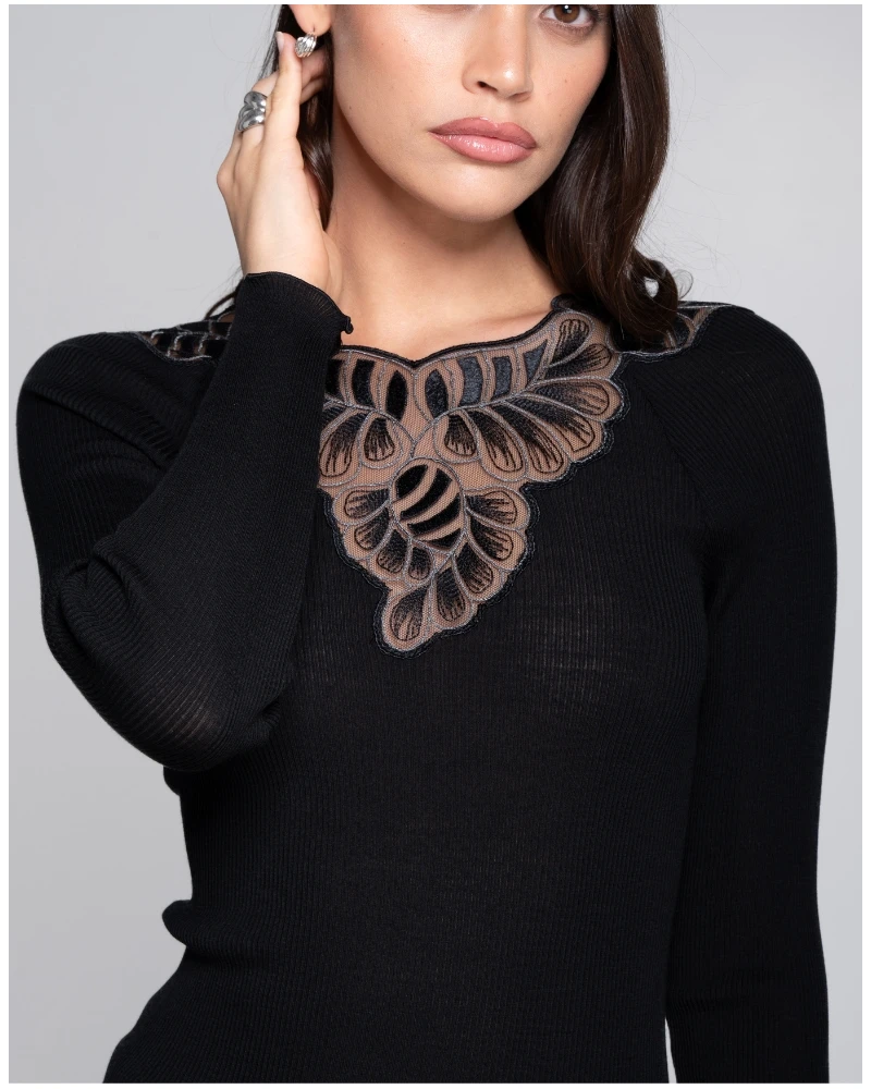 Top Côtelé Manches Longues Laine Et Soie Oscalito 7618 (Noir) 2 Top Côtelé Manches Longues Laine Et Soie Oscalito 7618 (Noir) – Image 2